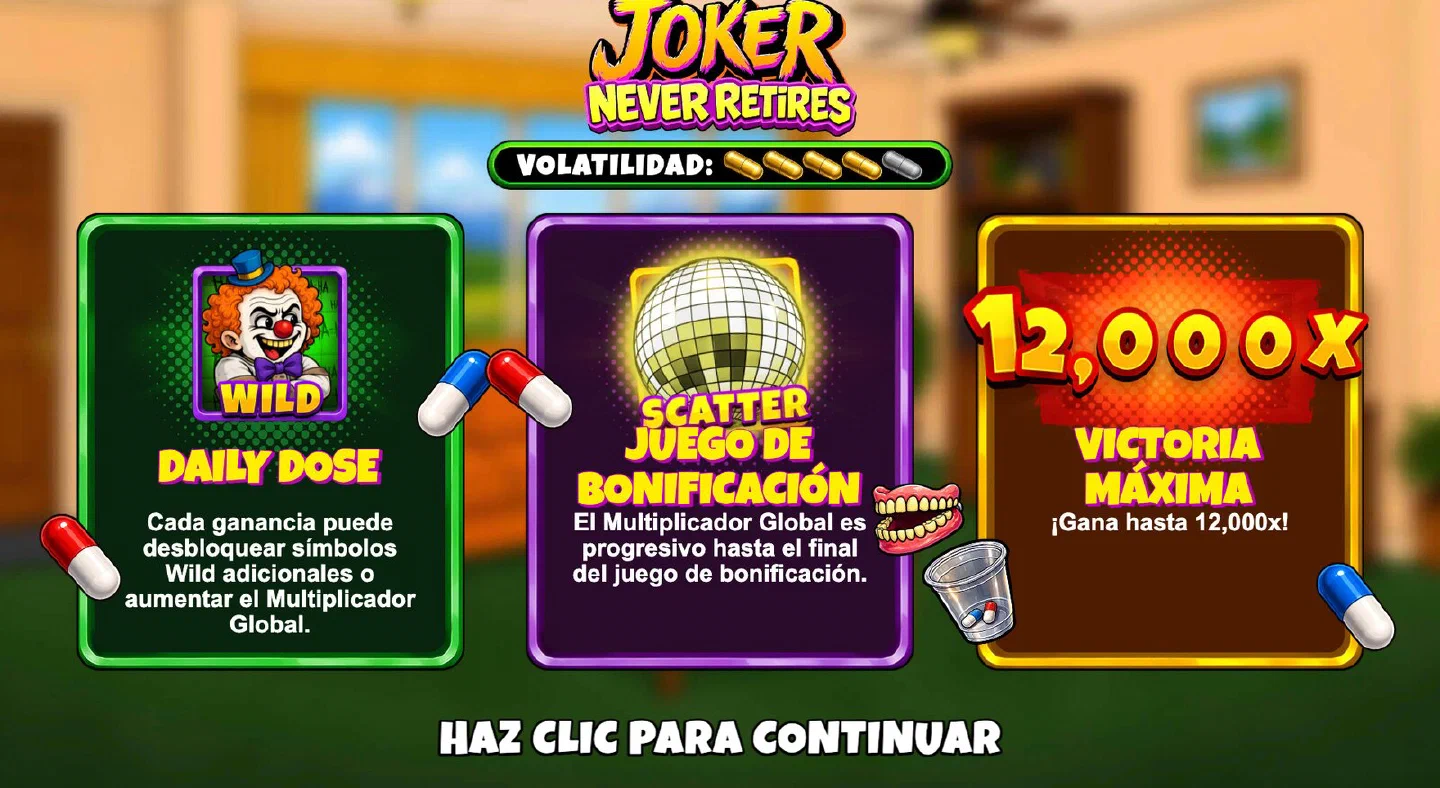 Pantalla de bienvenida de Joker Never Retires con la volatilidad alta y el techo de 12.000x